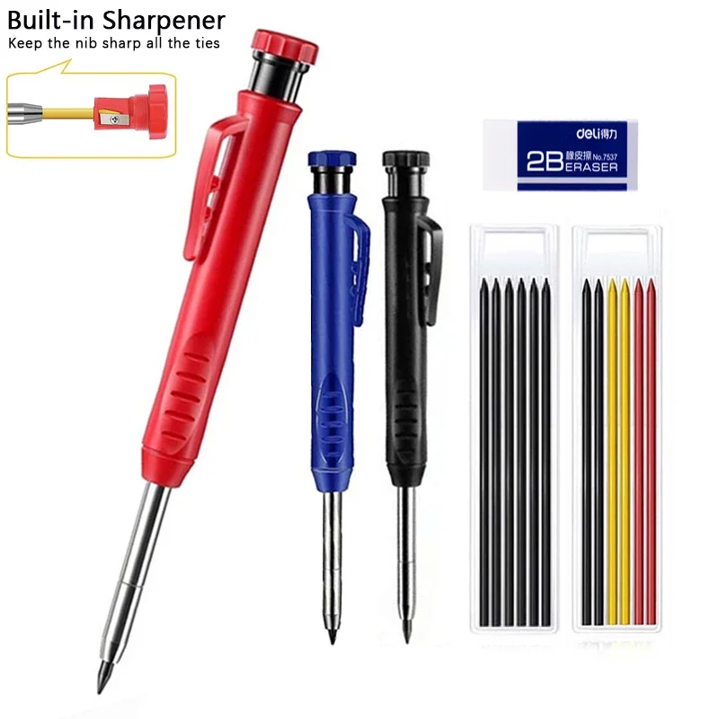 Solid Carpenter Pencil with Refill Leads Built-in Sharpener for Deep Hole Mechanical Pencil 2.8mm Art Marking Woodworking Tools