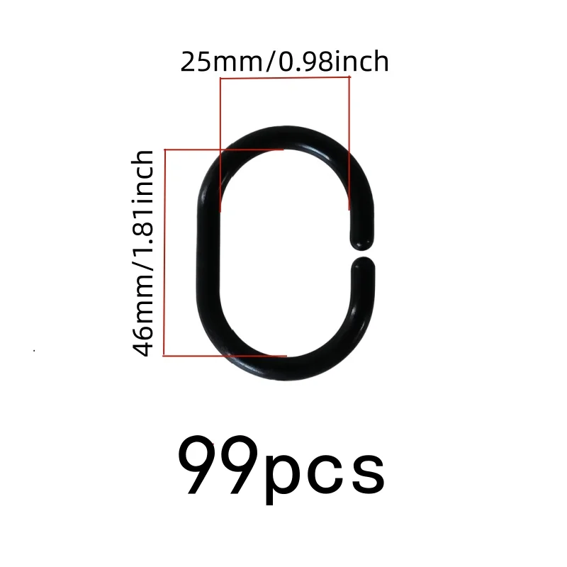 Durable Plastic Body Bathroom Drapery Rings, 99 pcs, Home Toilet Partition, Black C-Type Design for Hotel Bath Tub Area