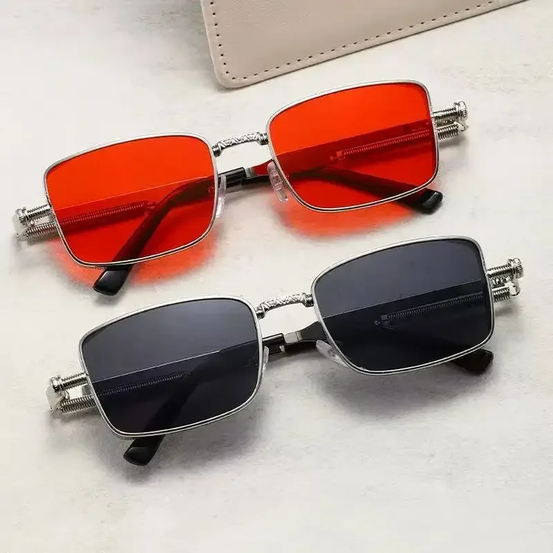 Vintage Steampunk Rectangle Sunglasses Unisex Metal Spring Hinge Frame Sun Glasses Trendy Punk Stylish Anti-UV Street Eyewear