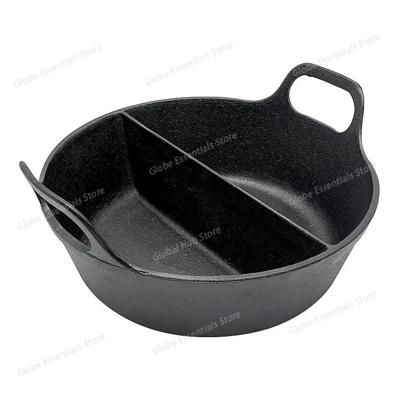 31cm Cast Iron Double-handle Flat-bottom Mandarin Duck Hot Pot – Large Capacity Dual-flavor Pot for Home & Commercial Party Use