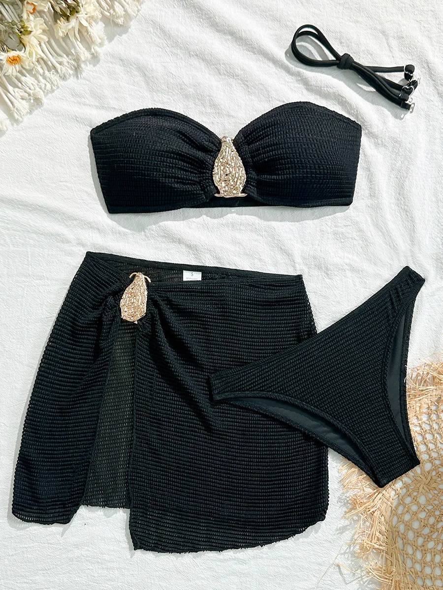 

С юбкой, морщинистый бандо, бикини, женский купальник, женский купальник, комплект бикини из трех частей, купальный костюм с металлическим кольцом, пляжная одежда для плавания