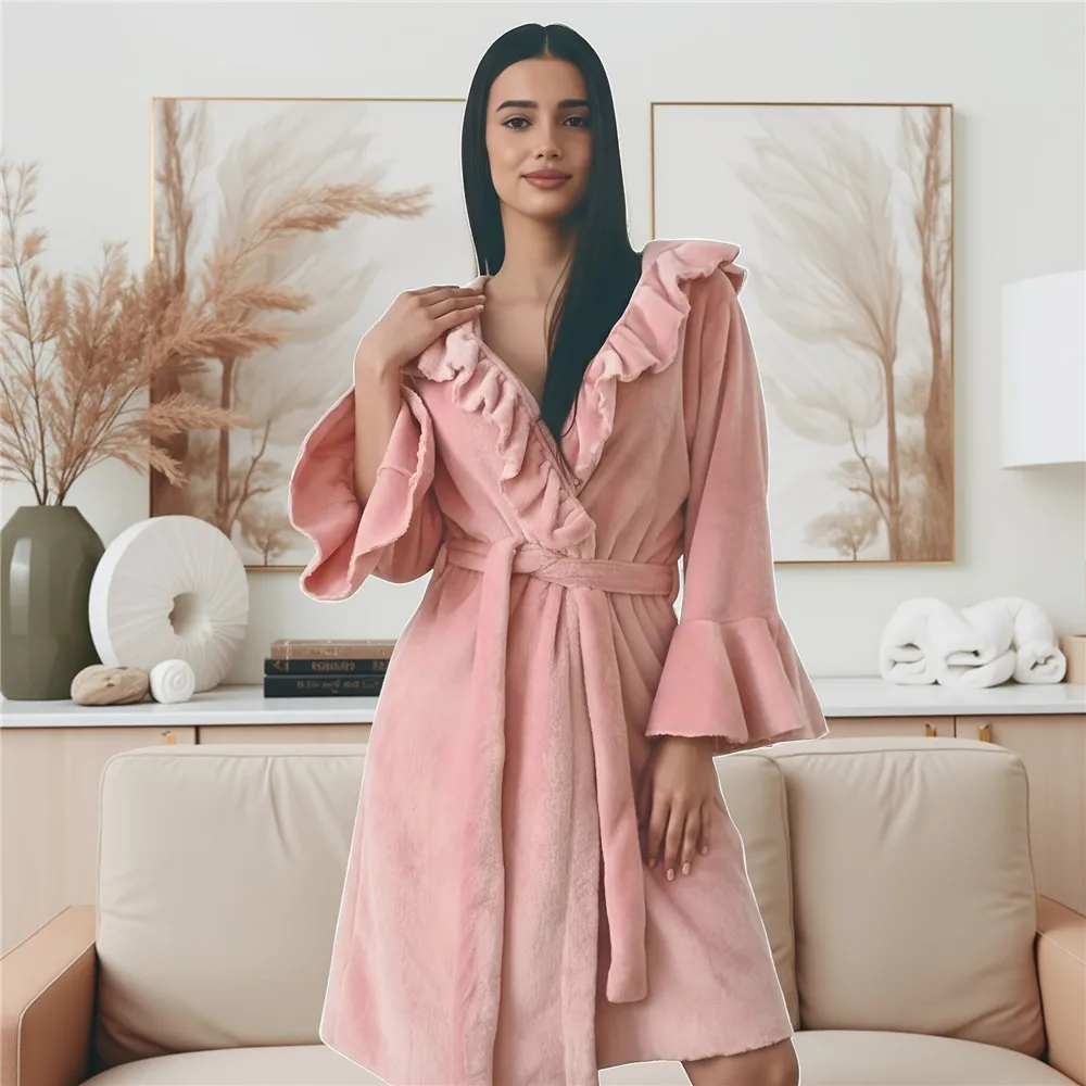 Autumn Winter Pink Coral Fleece Hooded Robe Sleepwear Thicken Flannel Bathrobe Nightwear Loose Casual Homewear Loungewear