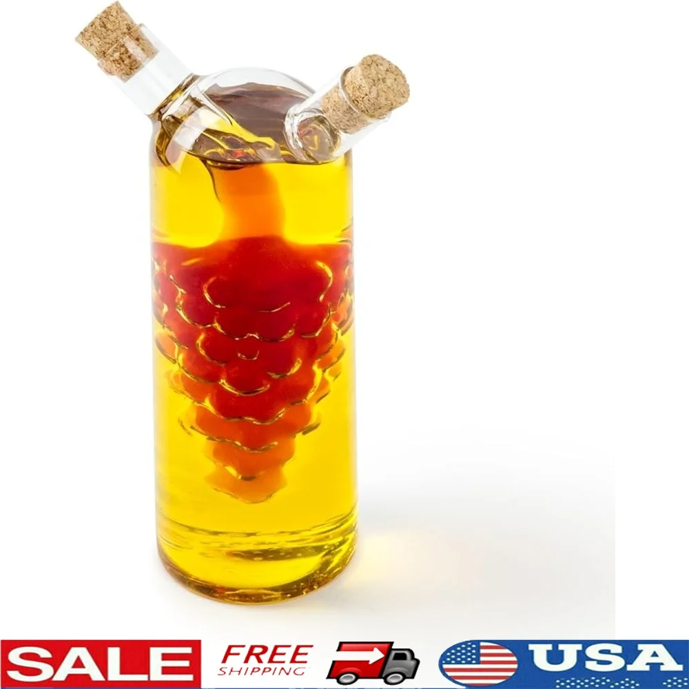 Botella dispensadora de vinagrera de vinagre y aceite de vidrio de borosilicato transparente con motivo de uva, regalo de decoración de cocina 2 en 1 de 11oz