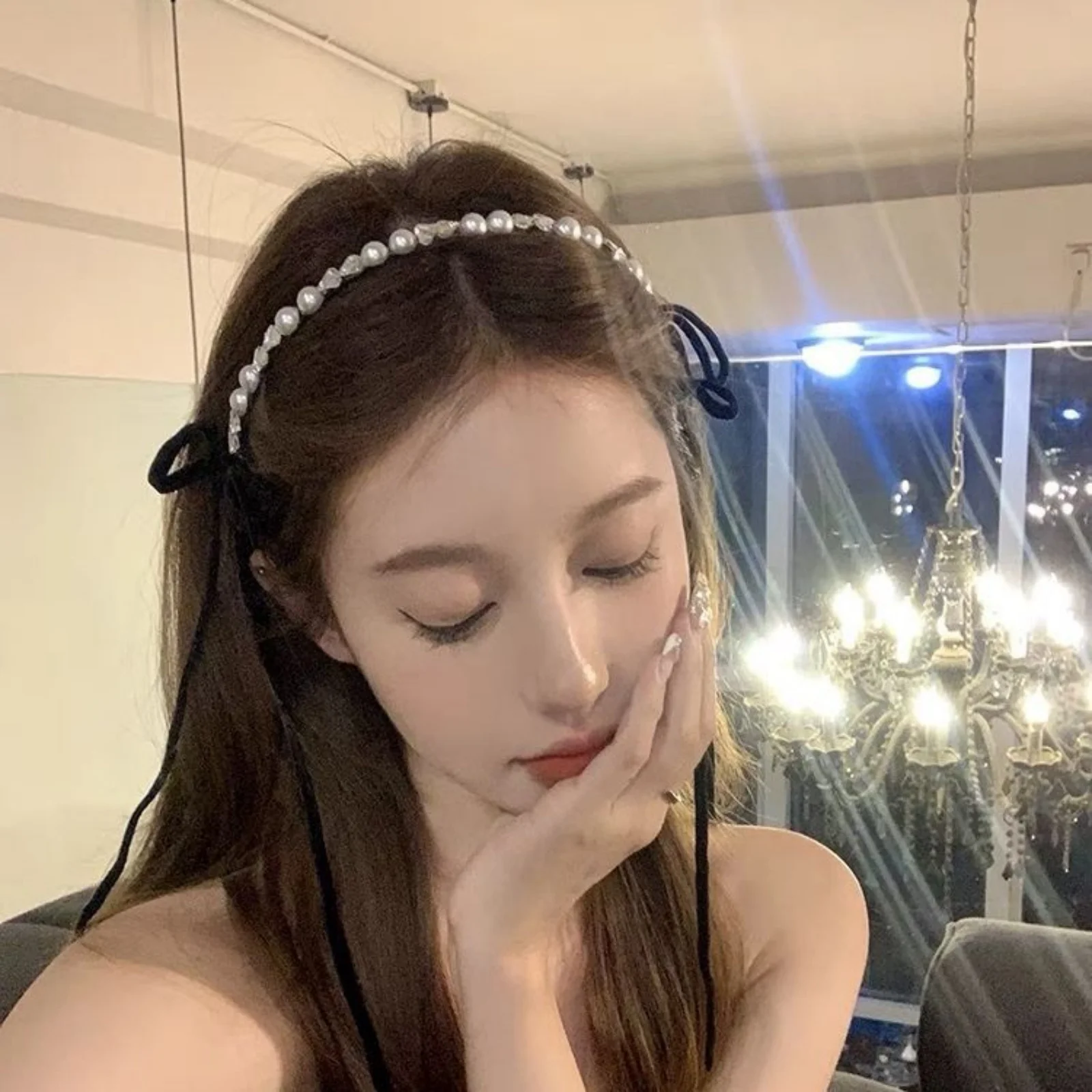 قطعة واحدة من عصابة رأس على شكل فيونكة لؤلؤية للنساء، نمط الخريف والشتاء، شريط ربط الشعر، إكسسوار للشعر من الحرير الفرنسي