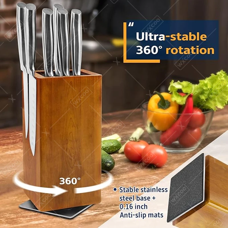 Magnetic Knife Holder Space-Saving for Kitchen Counter 360° Rotating Magnetic Knife Block Rack Acacia Wood Knife Holder Stand