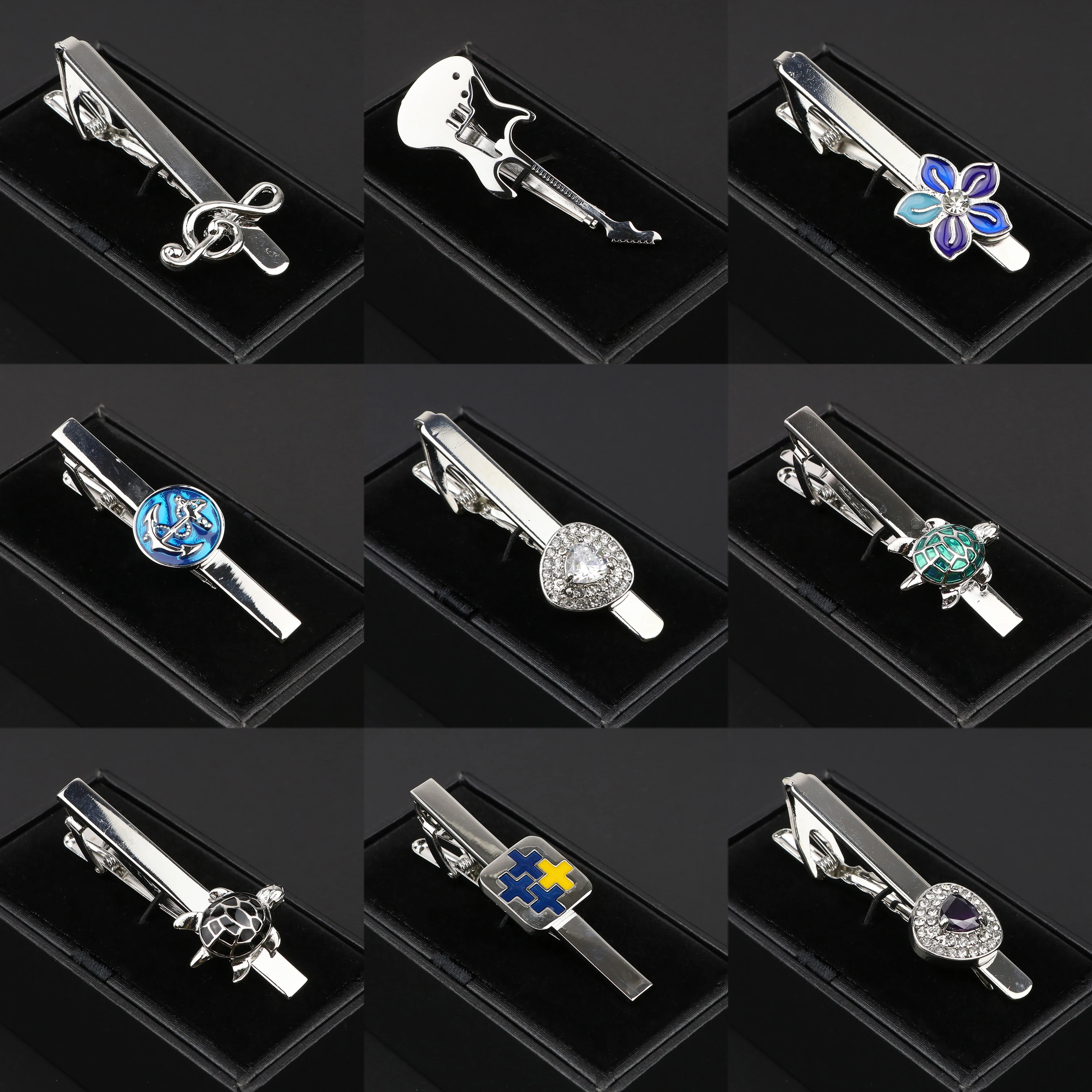 Fashion Chrome Stainless Tie Clips Guitar Notes Turtle Rhinestone Anchor  Copper Metal Business Suit Tie Clasp Accessories