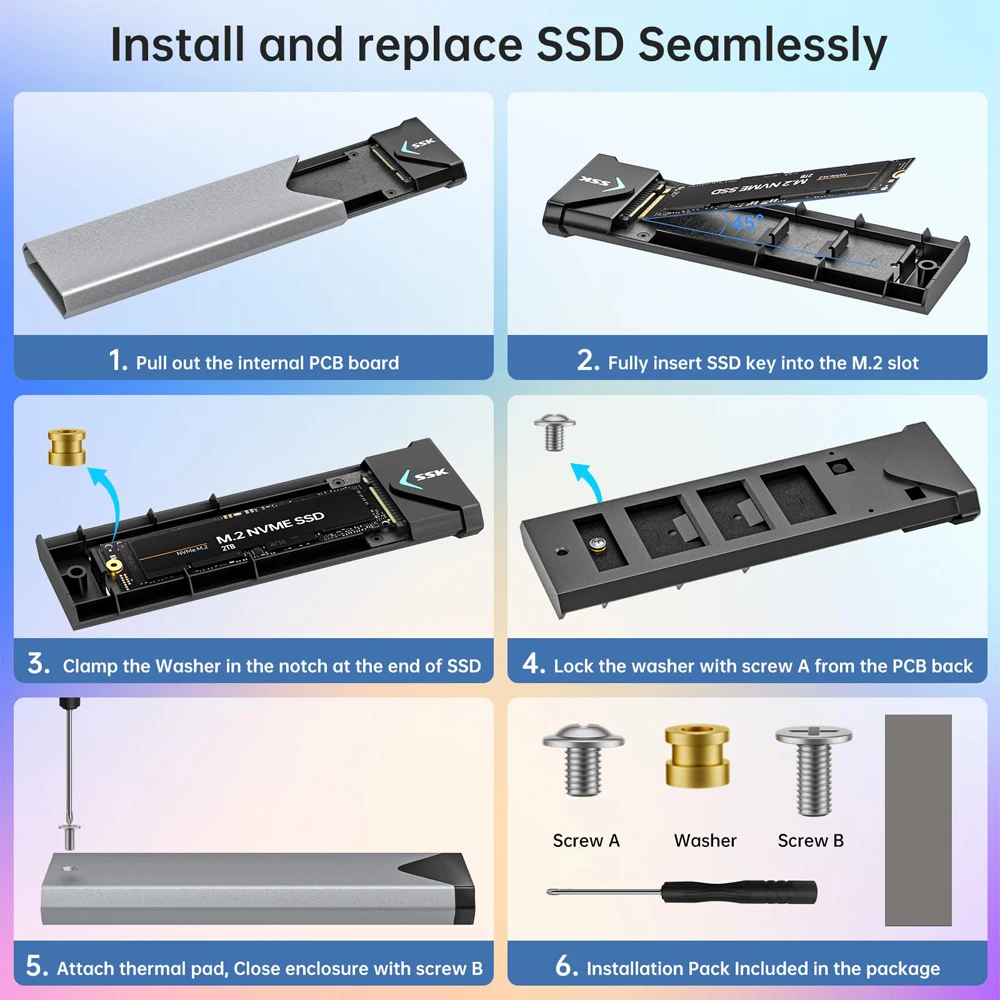SSK M.2 NVME SATA SSD Enclosure Adapter USB 3.2 10Gbps Aluminum Enclosure External Hard Drive Case Support UASP Trim for PC Case