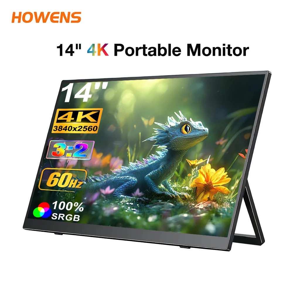 14 Inch 4K IPS Portable Monitor HDR 100%sRGB Low Blue Light 0-180 Hidden Stand Type-C Screen for PS5 Switch Laptop Phone DEX EM