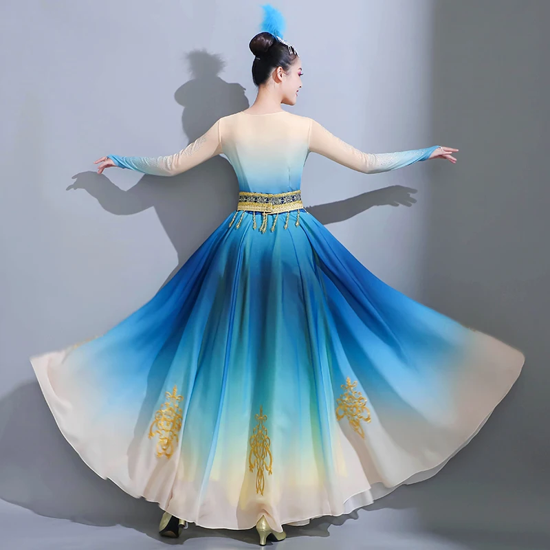 Xinjiang Dansvoorstelling Jurk, Grote Swing Rok, Oefenkleding, Kunstexamen, Oefenkleding, Etnische Uyghur Klassieke Dans Cos