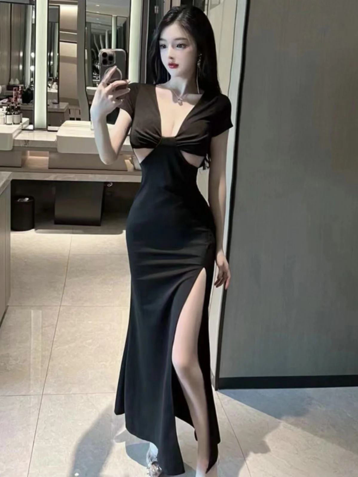 

Sexy Deep V Ne Long Evening Gown Pure Color Mermaid Dr for Women mid Waist Zipper ort Sve Formal Par Dr