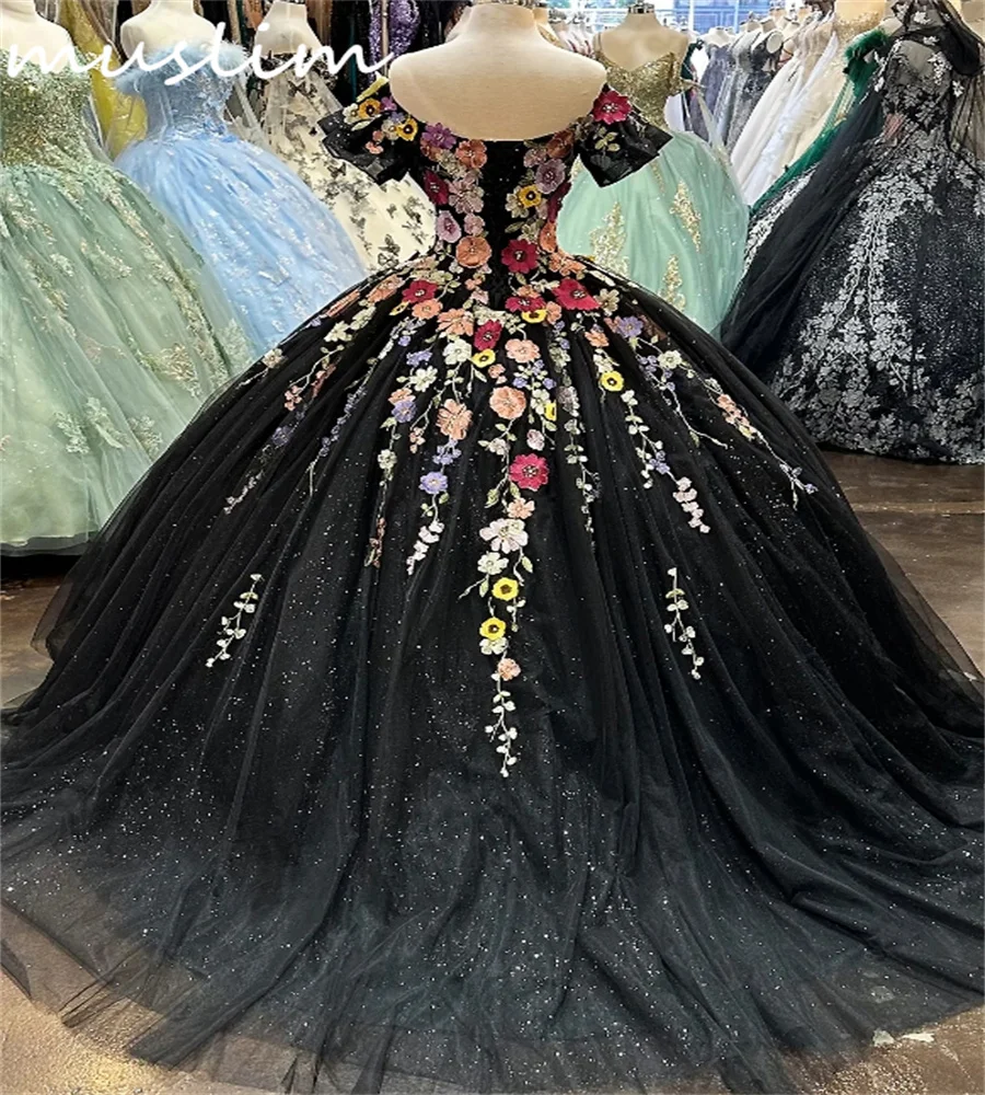 Shiny Charro Black Mexican Quinceanera Dress 2024 Colorful Florals Glitter Sequin Vestidos De 15 Anos Lace Up Birthday Party