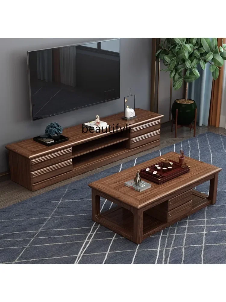 Walnut Solid Wood TV Cabinet Coffee Table Combination Suit Living Room Light Luxury New Chinese Modern Simple Floor Cabinet