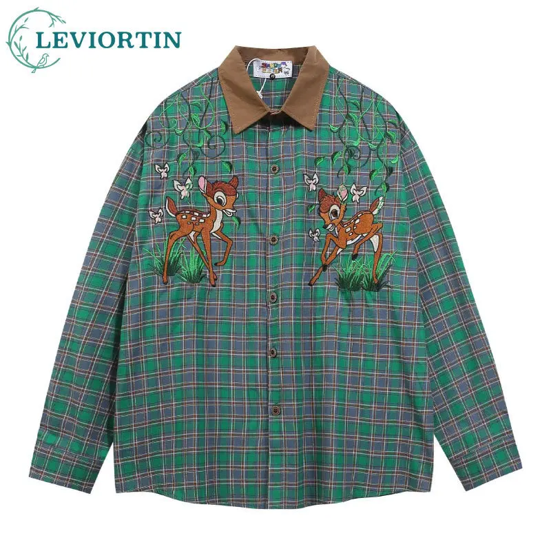 Autumn Embroidered Deer Shirt Long Sleeved Shirt Formen High Street Versatile Casual Plaid Shirt Jacket Unisex Clothing