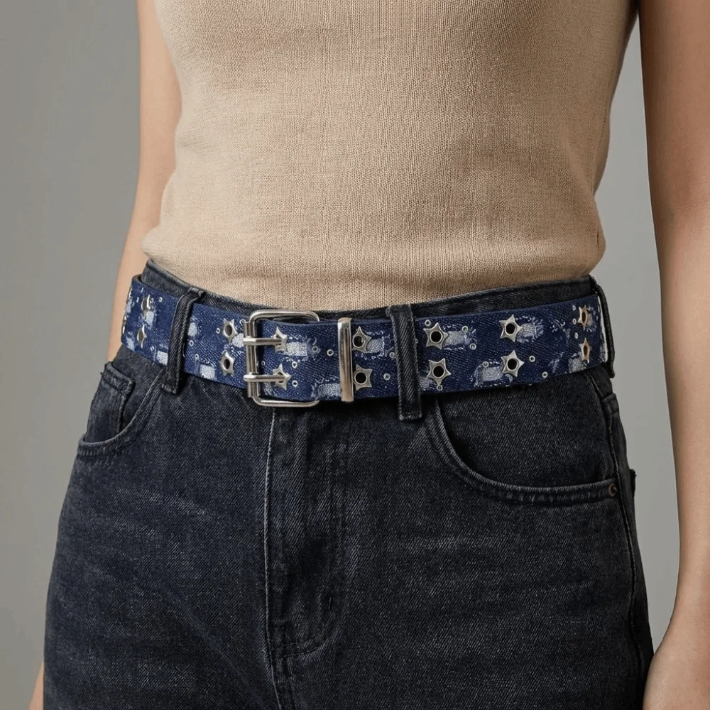 

Cloth Denim Waist Belts Double Grommet Hole Metal Buckle Star Hole Sequin Belt Korean Style Waistband Trouser Decor Decoration