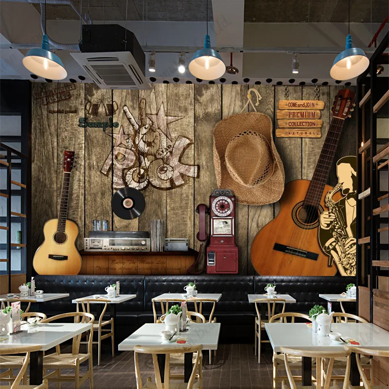 

Vintage Wooden Rock Guitar Mural Industrial Decor Wallpaper Bar KTV Restaurant Club Wall Paper Papel De Parede Papel Tapiz