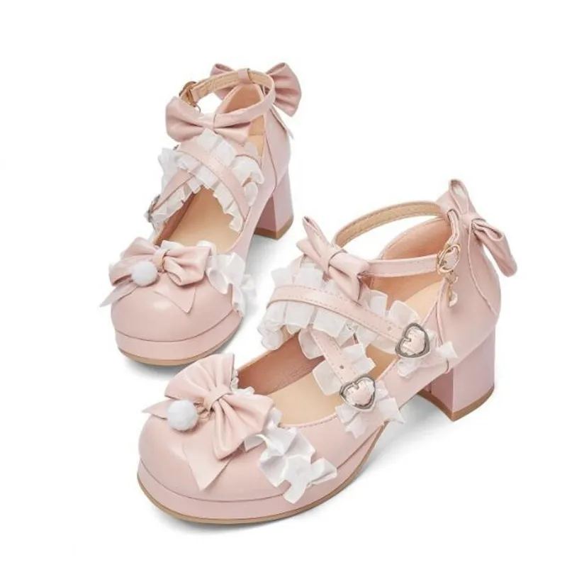 Cross Strap Girls High Heels Women Mary Jane Pumps Sweet Ruffles Bow Lace Bridal Wedding Shoes Princess Cosplay Lolita Shoe29-43