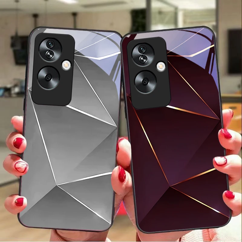 Geometric prism For Oppo A79 5G 58 78 74 60 4G Reno 11F Realme GT 6 11 Note 50 10 C55 X2 Tempered glass black phone case