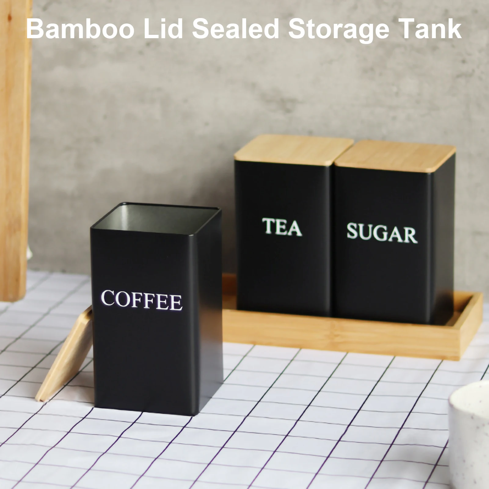 Kitchen Organizer with Bamboo Lid,Metal Tea Coffee Sugar Storage Jars,Countertop Food Container Box,Airtight Organization