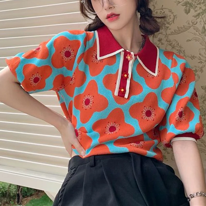 Summer New POLO Collar Fashion Short Sleeve Polo Shirts Women High Street Casual Loose Button Pullovers Floral Printing Y2K Tops