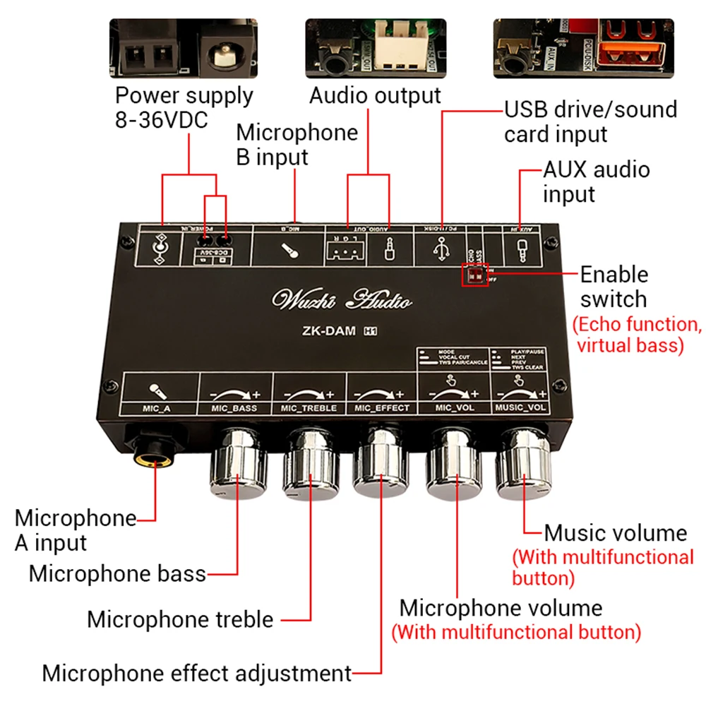 DAM H1 Reverberation Board BT 5.1 Audio Decoder Front Stage Effector Mike Microphone K Song with Bluetooth U Disk Decoder