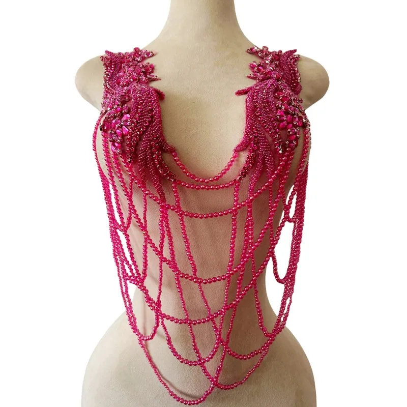 1Pcs Front Crystal Tassels Wedding Collar with Rhinestone Beaded Tassels Appliques Neckline for Clothes Decoration