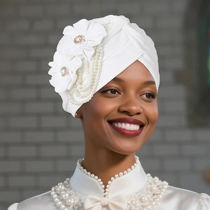 Pearls Beading Turban Cap for Women Flower Design Female Head Wraps Muslim Headscarf Bonnet Hairloss Hat Cover