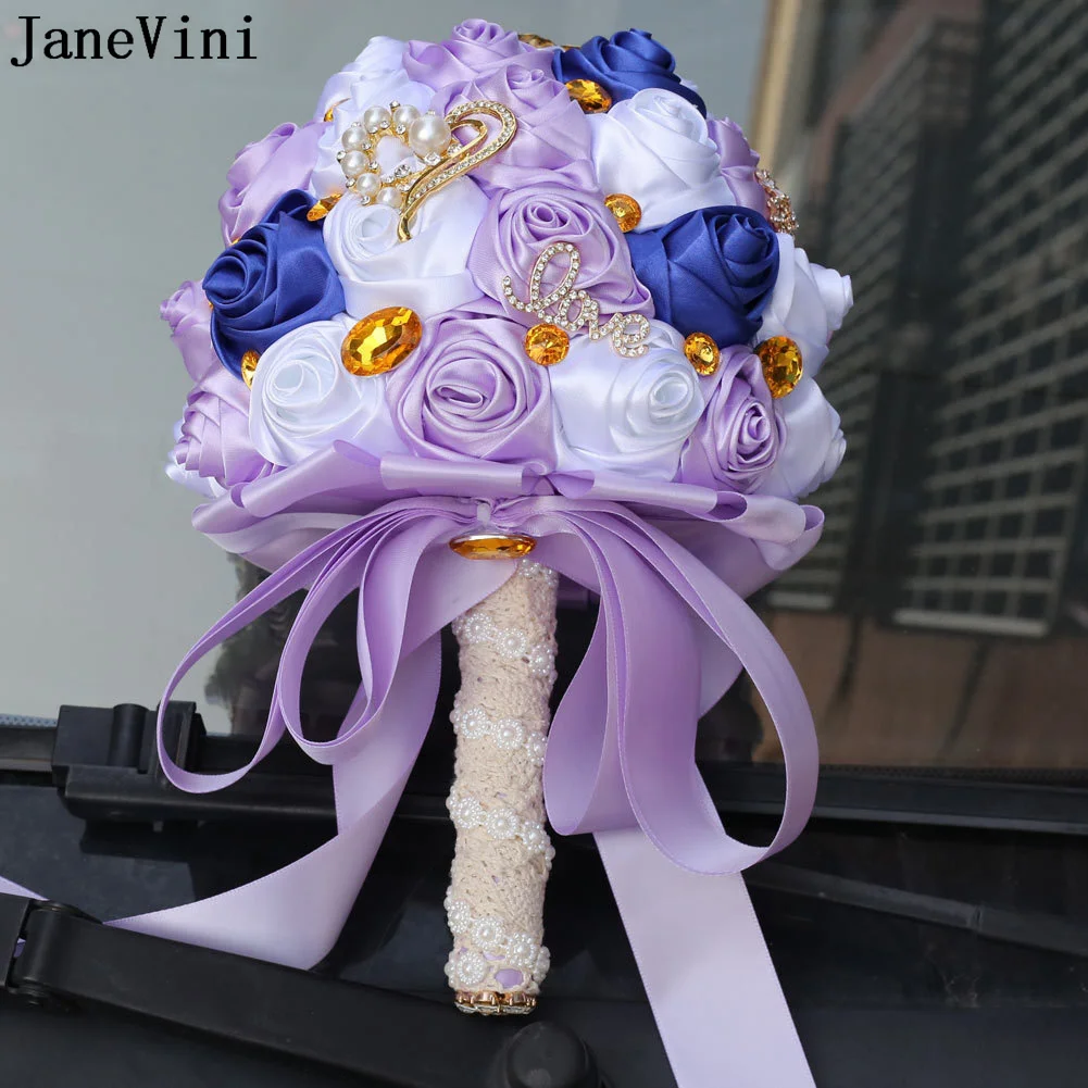 Janevini lindo roxo flores de casamento bouquets de noiva brilho ouro cristal artificial buquê de casamento pérolas noiva flor