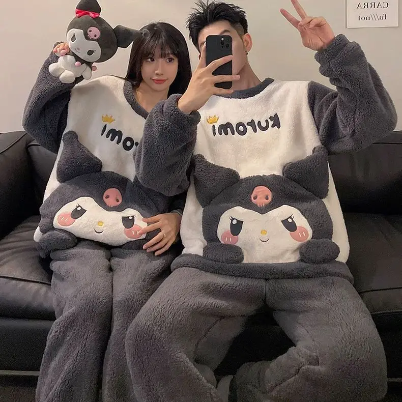 Cartoon Sanrios Cinnamoroll Pajamas Women Men Thickened Coral Velvet Anime Kuromi Autumn Winter Couple Warm Soft Home Clothes