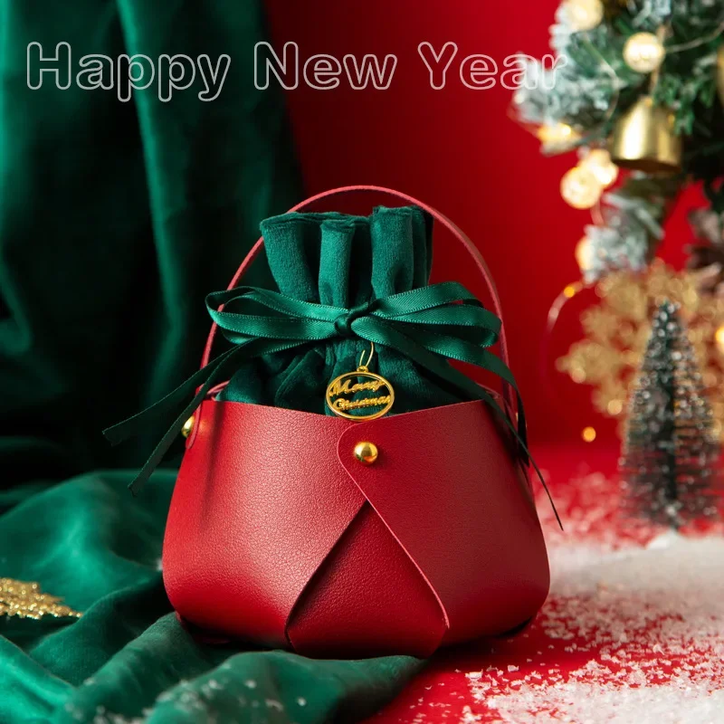 

Leather Cloth Christmas Gift Bag Red Green Candy Handle Bag Christmas Tree Decorations for Home Table New Year 2024 Noel Present