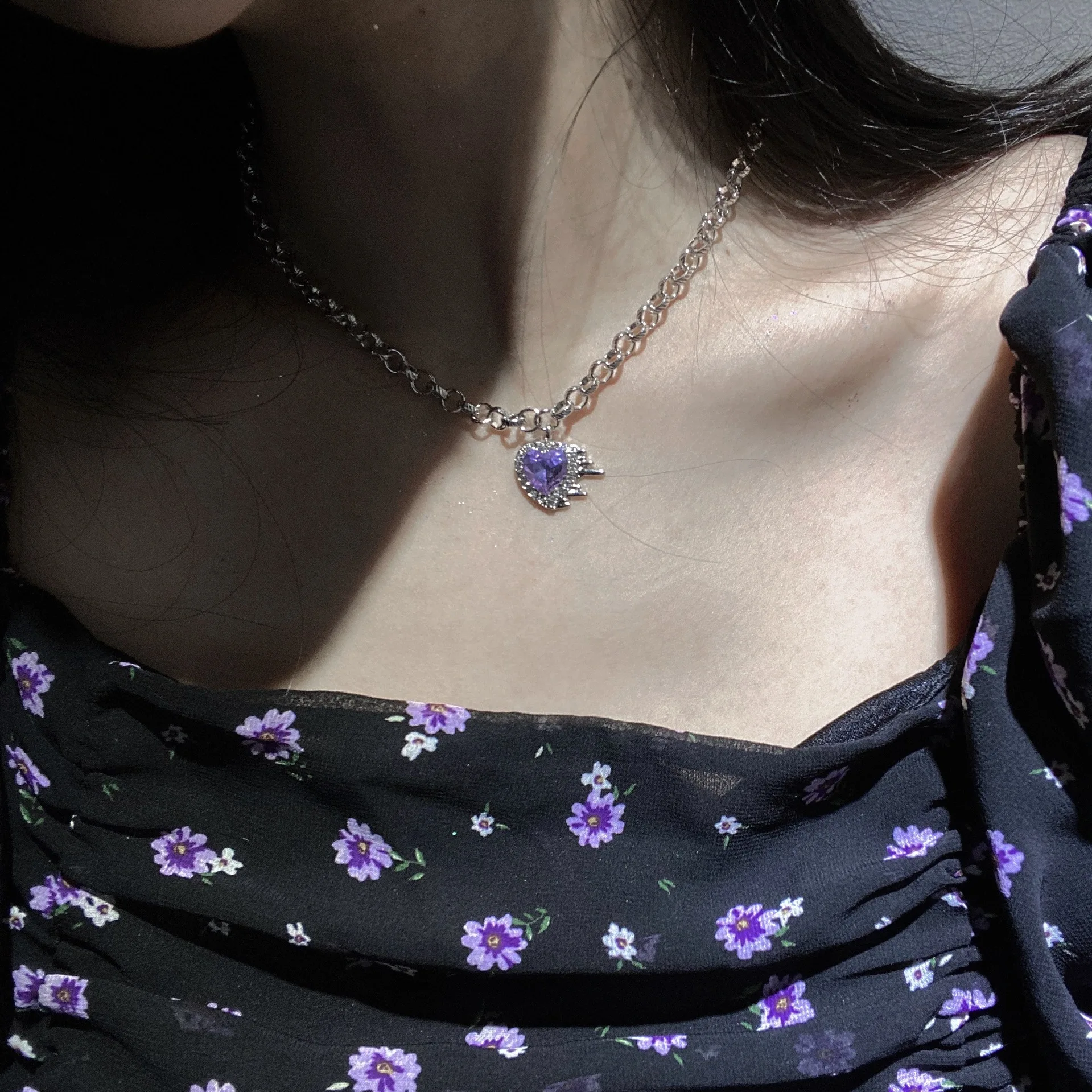 Purple Love Zircon Necklace Female Xia Xiaozhong Coarse Chain Heart shaped Clavicle Chain Neckchain