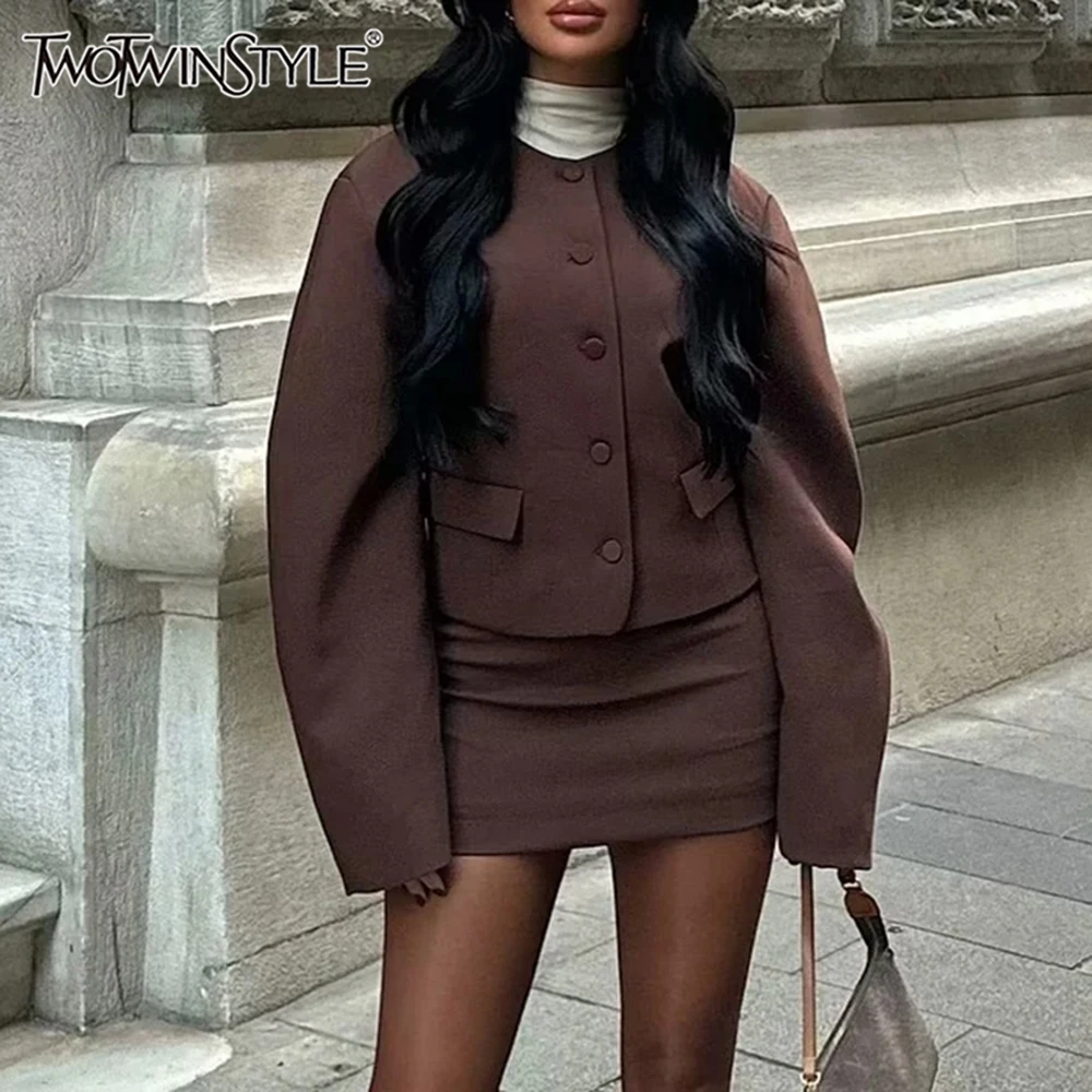 TWOTWINSTYLE Solid Two Piece Set For Women Round Neck Long Sleeve Spliced Buttons Top High Waist Skirt Temperament Sets Female