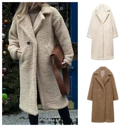 Women Autumn Winter Vintage Wool Blend Long Coat Lapel Chic Long Sleeve Double Breasted Big Jacket Female Street Overcoat
