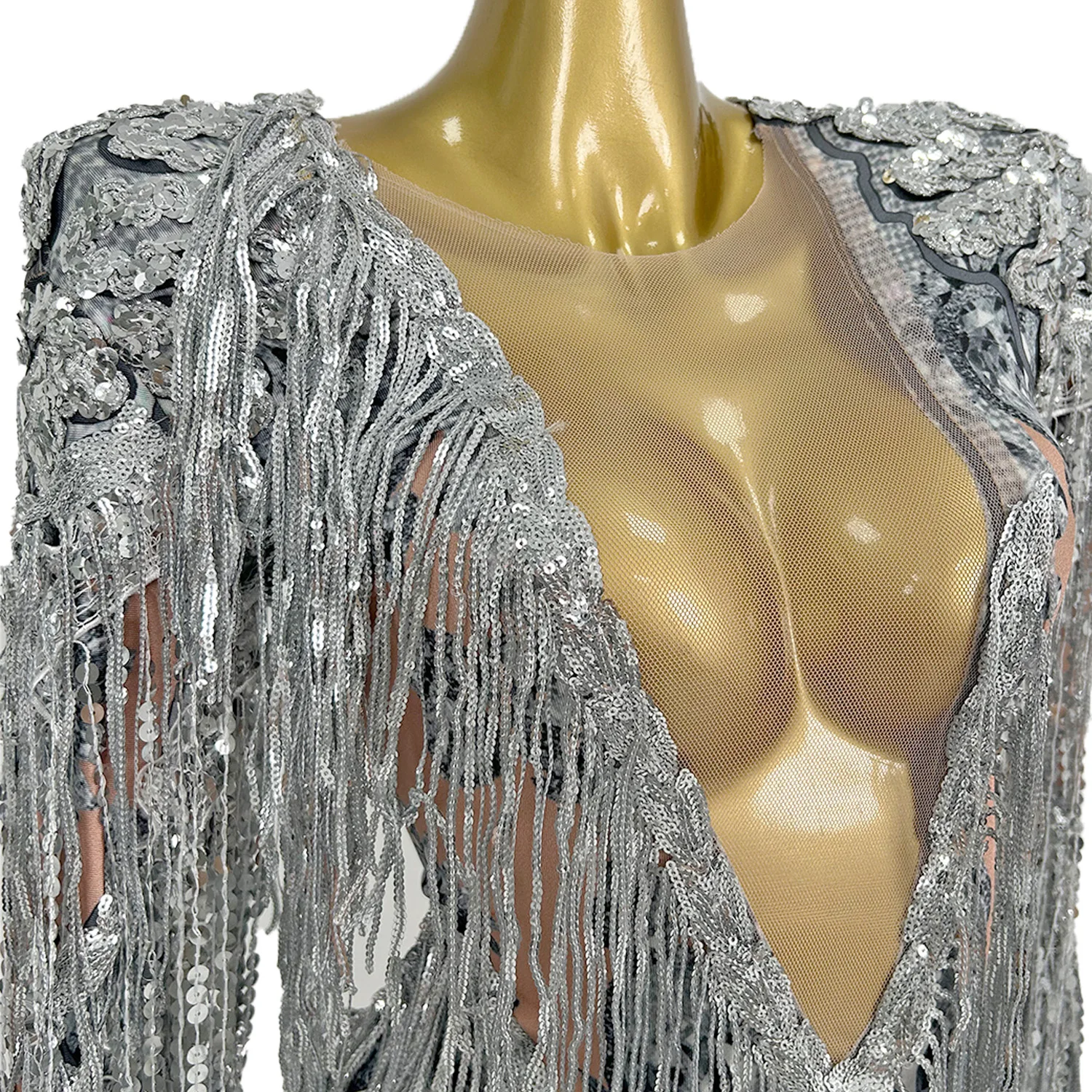 Shining Silver Tight Bodysuit Performance Dance Costume Women Sexy Mesh Stretch Sequins Fringes Nightclub Stage Outfit Liutang
