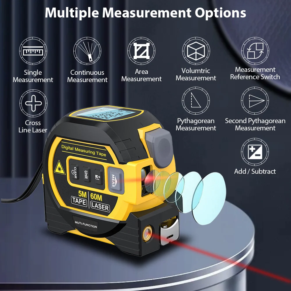 DEEWAZ 3-in-1 Digital Laser Tape Measure Distance Meter 60m Rangefinder with Cross Line Laser