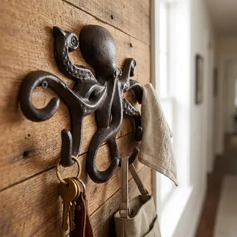 Octopus Wall Hook - Vintage Cast Iron Nautical Key Holder and Coat Hanger for Home, Bar, Kitchen, Hallway