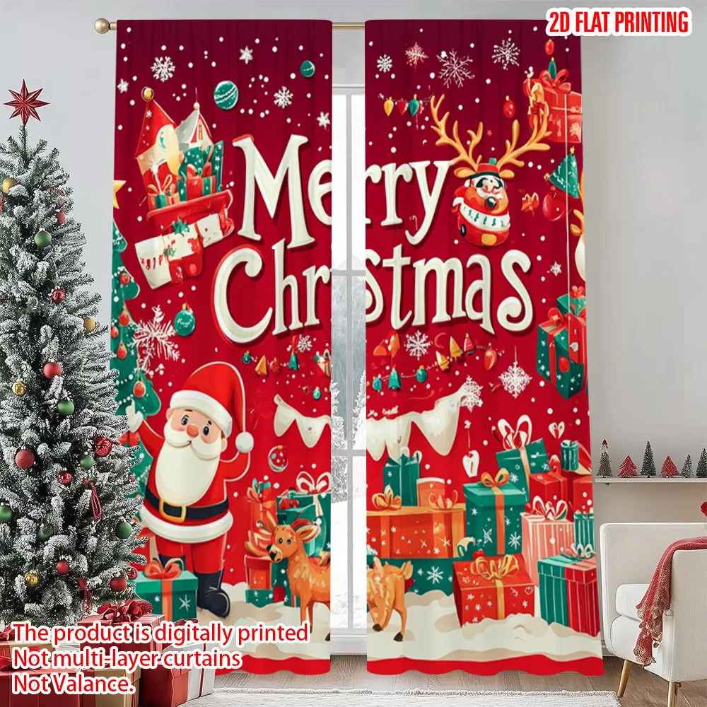 

2pcs 2D flat printing Merry Christmas Curtain Santa Claus_ reindeer_ snowflakes_ Machine Washable Fabric Without Electricity