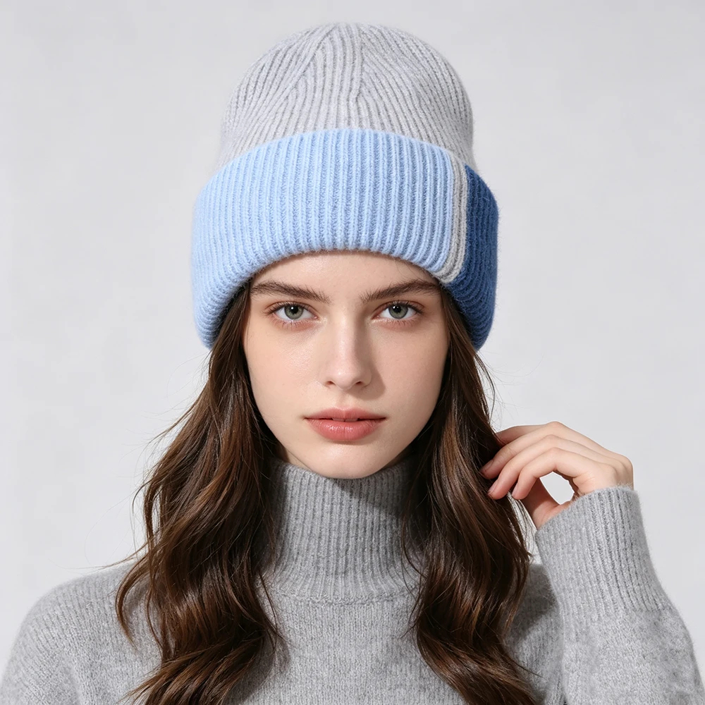 Jxwatcher Winter Hat for Women Fashion Color Splicing Knitted Beanies Ladies Casual Soft and Warm Fluffy Angora Rabbit Fur Hats