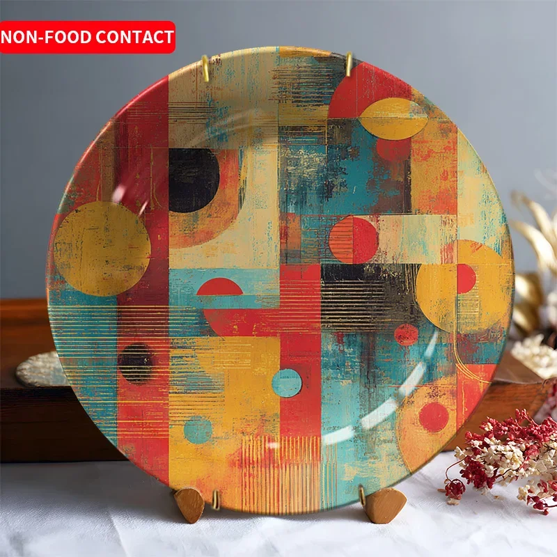 

1 шт. Современная минималистичная керамическая декоративная тарелка с абстрактным геометрическим узором из кругов, для настенного или настольного размещения, не для пищевых продуктов.