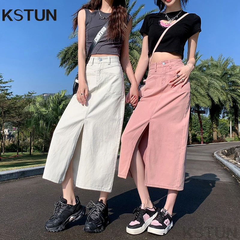 

KSTUN 2026 Летняя женская джинсовая юбка с разрезом, с высокой талией, розовая, миди, с передними карманами, дизайнерская, шикарная