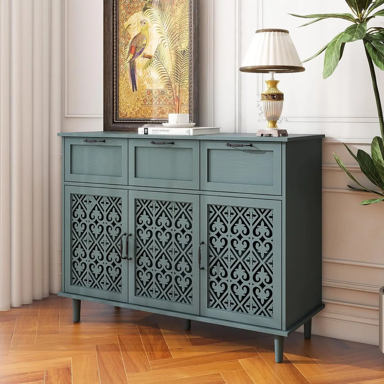 Kitchen Sideboard Buffet Cabinet, w/ 3 Drawers & 3 Doors, Farmhouse Coffee Bar Cabinet Wood Buffet Console Table, Dark Green