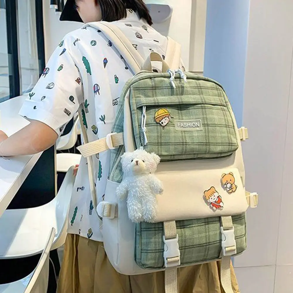 5Pcs/Set Large Capacity Cute Plaid Backpack Y2K Korean Style Cartoon Shoulder Bag Adjustable Straps Commute Student School Bag