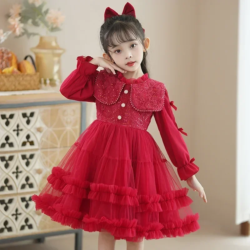 Girls' Dress 2024 New Winter Fashionable Fluffy Yarn Skirt Children's Plush Skirt Little Girl Long sleeved Princess Skirt