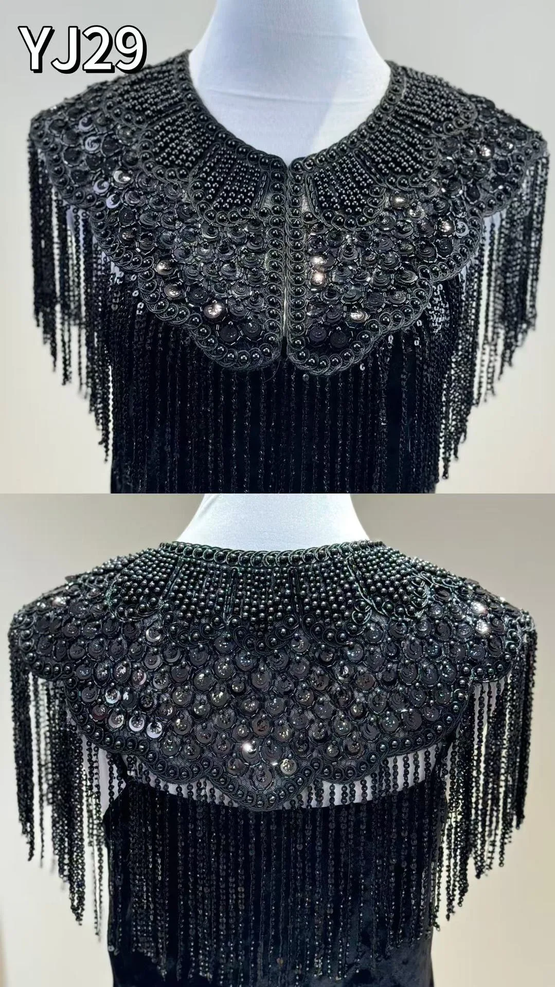Handgefertigter Schal mit Perlen und langen Fransen, Abendkleid-Umhang, hochwertiges Bankett- und Partykleid, Jacke, Abendkleid, Schwalbenschwanz-Mantel – Detail 2