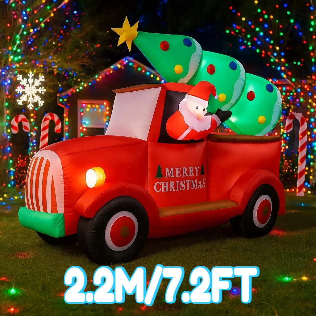 2.2M/7.2FT Opblaasbare Kerstman in Rode Vrachtwagen met Boom Licht LED Home Decor Speelgoed Tuin Kerstvakantie benodigdheden Outdoor Opblaasbare Decor