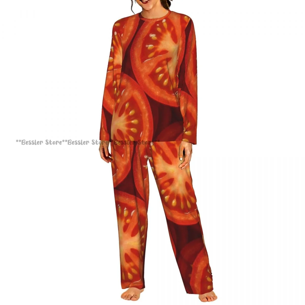 Women Round Neck Pajama Suit Long Sleeve Tops Long Pants Tomato Slices Ladies Nightwear Home Outfit
