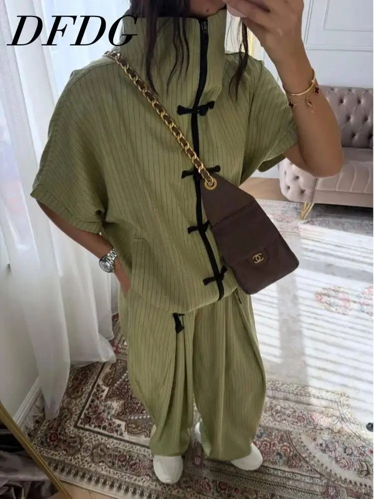 

DFDG Women 2026 Spring Summer Chinese Style Frog Button Two Piece Set Zipper Short Sleeve Top High Waist Harem Pants Casual Set