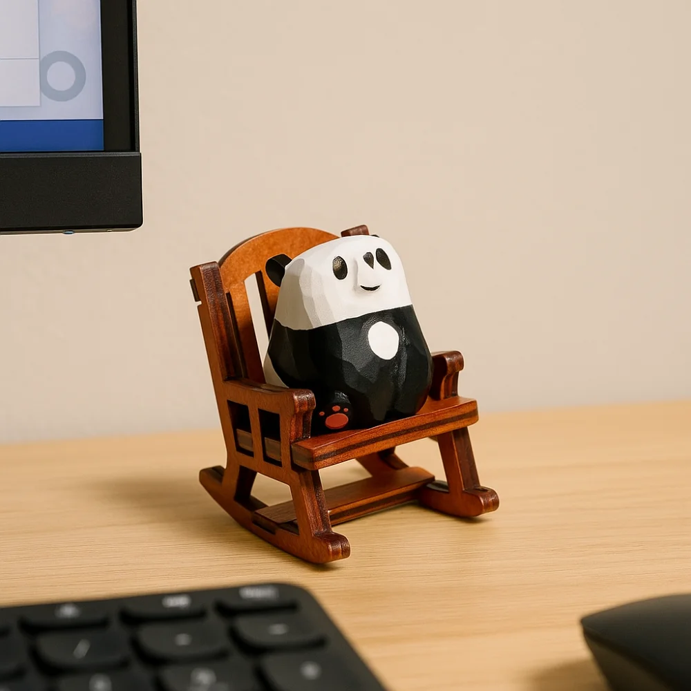 Wooden Rocking Chair Bear Models Mini Solid Wood Hand Carved Bear Figurines Cartoon Handmade Small Chair Ornaments Photo Props