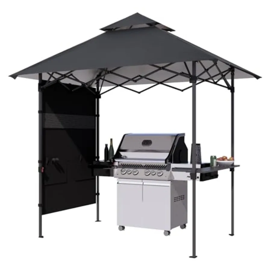 8x5 Pop Up Grill Gazebo - Outdoor BBQ Canopy with Shelf and Sidewall, Portable Barbeque Shelter with 2 Magnetic LED Lights, Car