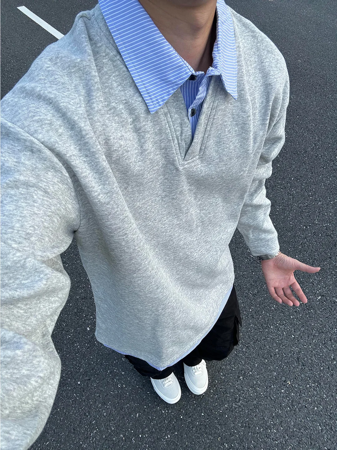 

Men's ey Long Sve irt Patchwork Striped American Heavyweight Sweatirt Cleanfit Sle Regular Length irt Collar