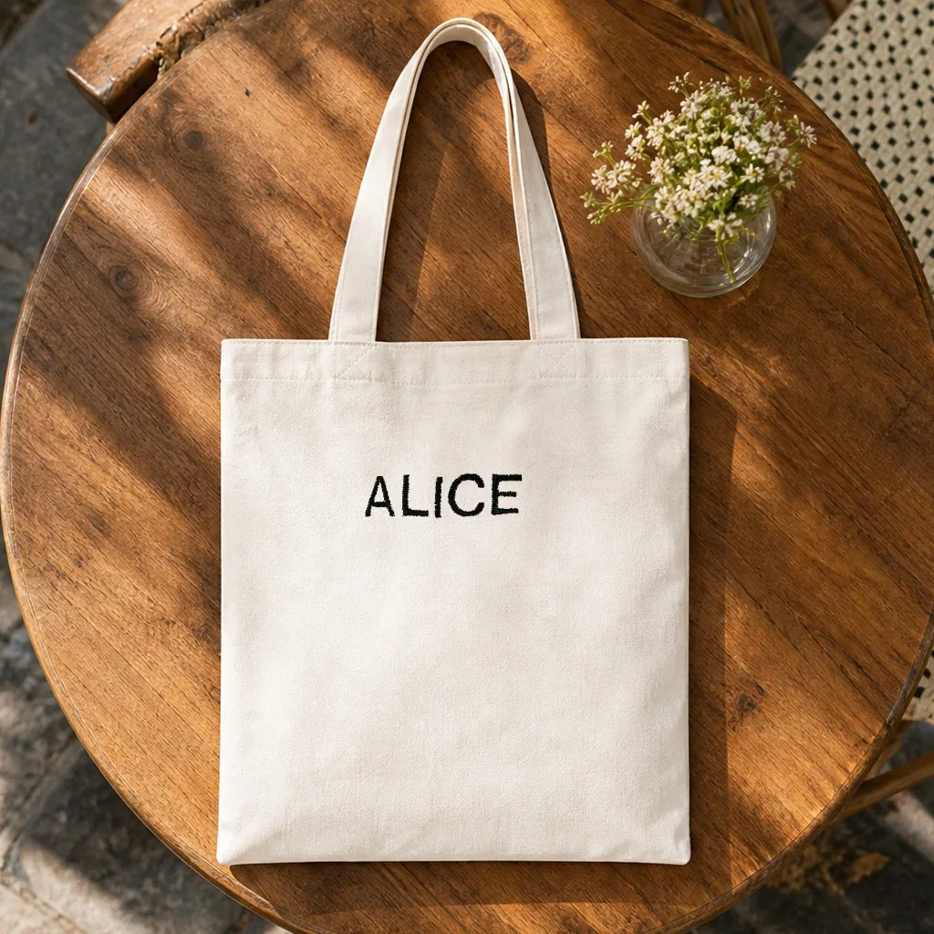 Personalized Embroidered Name Canvas Tote Bag Custom Embroidery Text Shoulder Bag Minimalist Shopping Handbag Casual Book Bag.